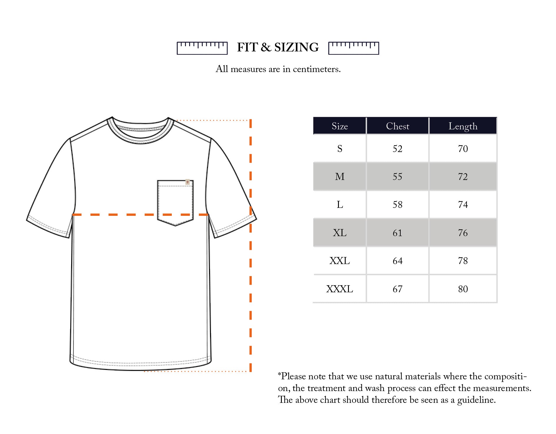 Illustration of a BGoscar T-Shirt - Snow Fall size chart by Blue de Gênes, showing chest and length in centimeters for sizes S–XXXL. Made from 100% cotton with a regular fit for all-day comfort.