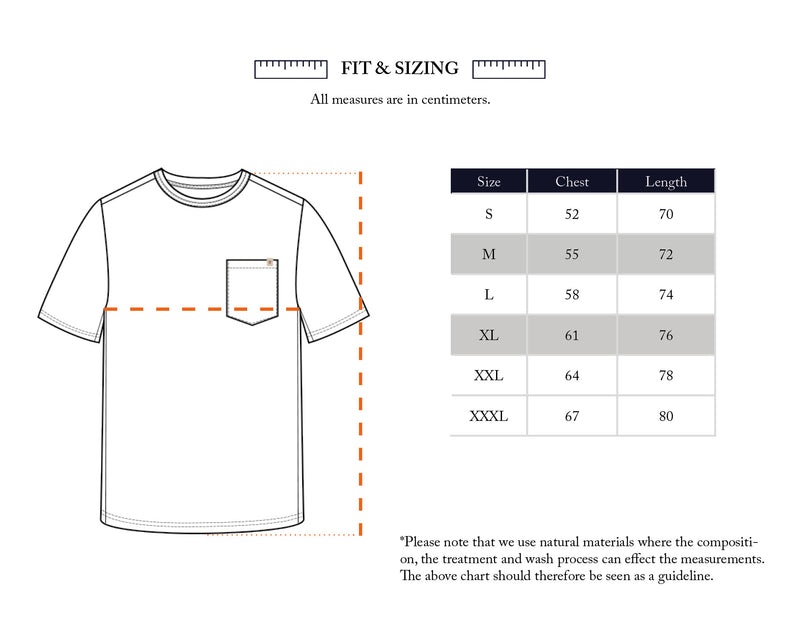 Illustration of a BGoscar T-Shirt - Snow Fall size chart by Blue de Gênes, showing chest and length in centimeters for sizes S–XXXL. Made from 100% cotton with a regular fit for all-day comfort.