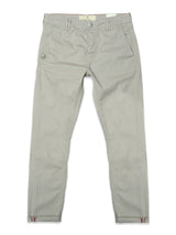 A pair of Blue de Gênes BGpaulo Teo Pant in shadow green, slim-fit and durable with side pockets, front button, and zipper closure, laid flat on a white background.