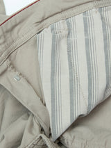 Close-up of the inside of BGpaulo Teo Pant - Shadow Green by Blue de Gênes, featuring the waistband and striped white-and-gray pocket lining. The fine stitching and fabric texture showcase the durability and quality of these chinos.