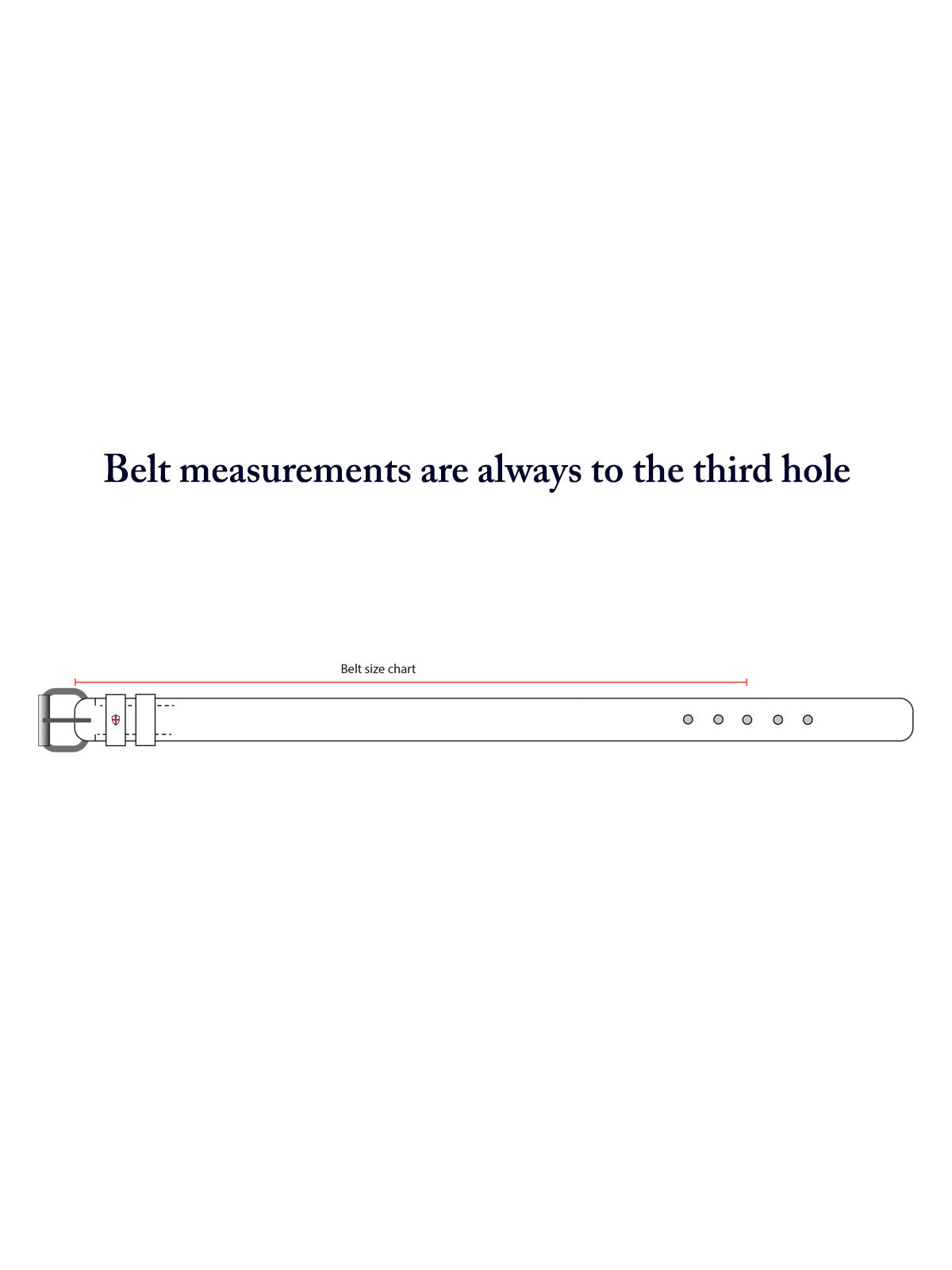 Illustration of the BGcollege Belt - Navy Stripe by Blue de Gênes showing leather details and a size chart arrow from the buckle to the third hole, with text stating belt measurements are always to the third hole.