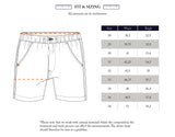 Line drawing of BGfloyd Cord Shorts - Green Harvest by Blue de Gênes, showing a loose fit with waistband, pockets, and measurement areas. Size chart lists 28–36 with waist (38.5–48.5cm) and thigh (32.5–39.2cm) in cm.