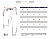 Illustration of Etsu Cord Chino - Navy by Blue de Gênes, labeled at waist, thigh, knee, and hem. Sizing chart (28–38 cm) included with note on cotton variation. Relaxed regular fit ensures comfortable wear.