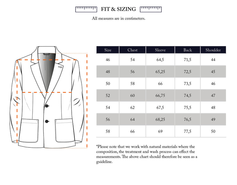 Line drawing of the Blue de Gênes Fukui Blazer - Black Pattern with dashed lines indicating measurement points, beside a size chart in centimeters (chest, sleeve, back, shoulder) for sizes 46–58.