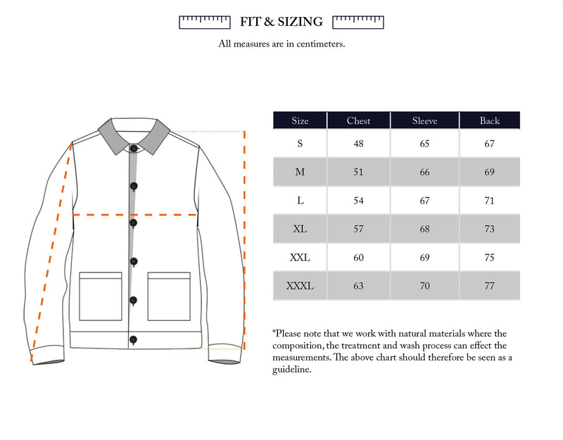 Diagram of the Blue de Gênes Gifu Knit Cardigan - Chocolate with measurement lines for chest, sleeve, and back, alongside a size chart (S–XXXL) listing corresponding wool blend cardigan measurements in centimeters.