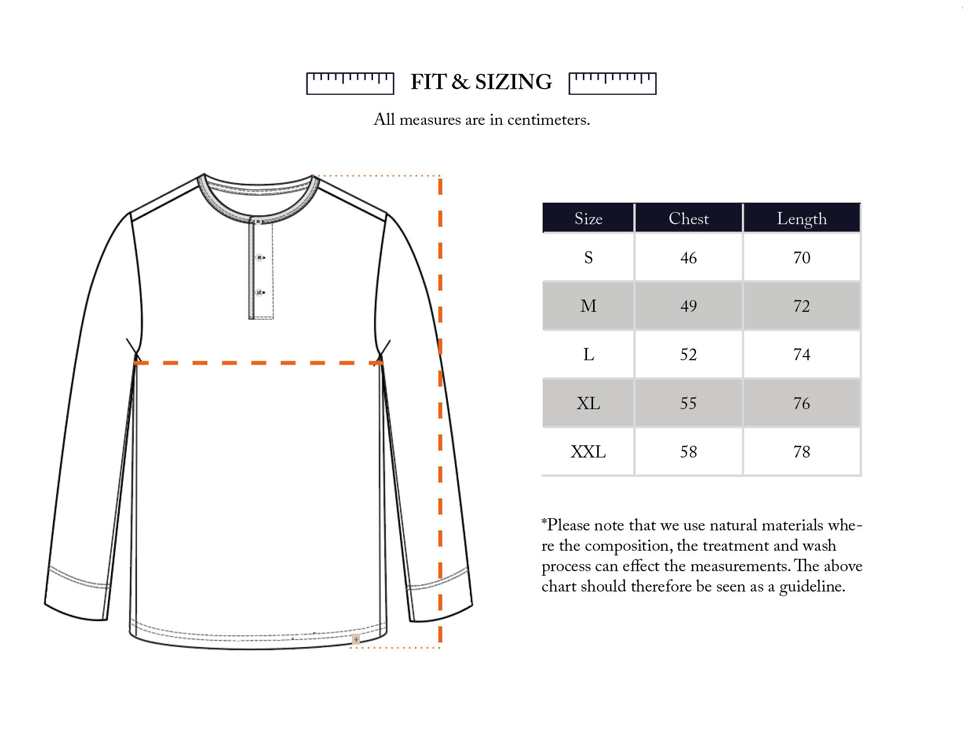 Line drawing of the Blue de Gênes BGgreg L/S Grandad - White shirt showing regular fit, chest measurement guide, and size chart (S–XXL) in cm for chest/length. Features corozo nut buttons; note: measurements may vary slightly.
