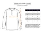 Line drawing of the Blue de Gênes BGgreg L/S Grandad - Dark Navy shirt with a size chart (S–XXL, chest and length in cm). Note: measurements may vary due to material and washing.