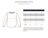 Diagram of the Blue de Gênes Honshu Crewneck Knit - Fungi, showing dashed lines for chest, sleeve, and back measurement areas, with a sizing chart listing these measurements in centimeters for sizes S to XXXL.