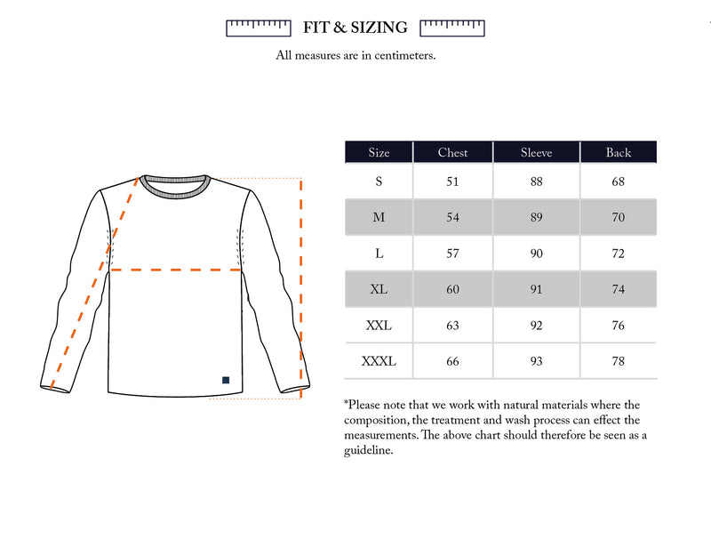 Diagram of the Blue de Gênes Honshu Crewneck Knit - Fungi, showing dashed lines for chest, sleeve, and back measurement areas, with a sizing chart listing these measurements in centimeters for sizes S to XXXL.