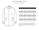 Diagram of BGjacques Coat - Pale Khaki by Blue de Gênes with dashed lines for measurement areas and a sizing chart (chest, sleeve, back lengths in cm) for sizes 46–58. Note: measurements may vary.