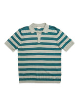 The BGwally Stripe Polo - Shadow Green by Blue de Gênes is a short-sleeved knit polo with teal and light gray stripes, finished with a classic collar and buttoned placket in the brand's signature style.