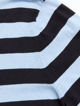Close-up of the Blue de Gênes BGwally Stripe Polo in Dark Navy, showing alternating black and light blue horizontal stripes, with part of the shoulder seam and sleeve visible.
