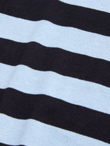 Close-up of the Blue de Gênes BGwally Stripe Polo - Dark Navy, featuring textured cotton-linen fabric with horizontal black and light blue stripes and subtle folds.