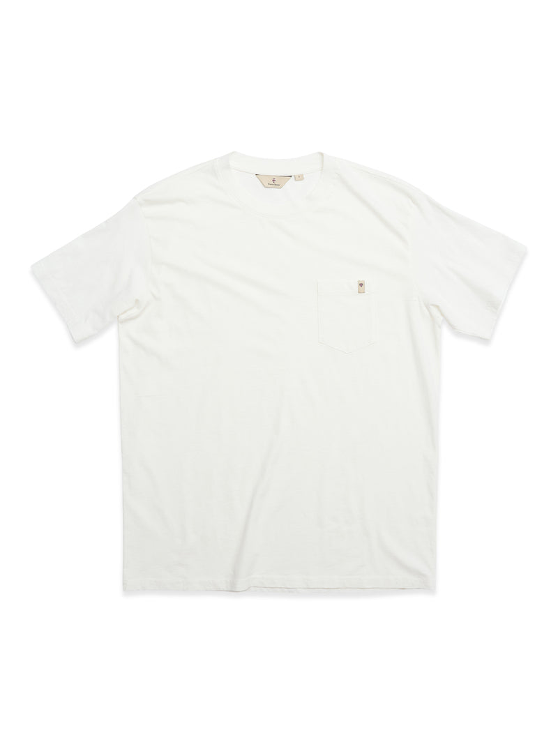 The BGoscar T-Shirt - Snow Fall by Blue de Gênes is a plain white 100% cotton tee with a crewneck, left chest pocket, and a subtle stitched logo on the pocket.