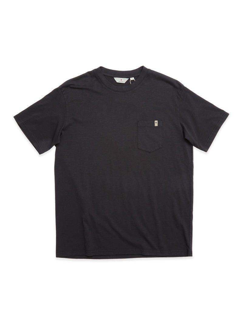 The Blue de Gênes BGoscar T-Shirt - Jet Black is a plain black 100% cotton crewneck with short sleeves and a small left chest pocket, shown flat on a white background.