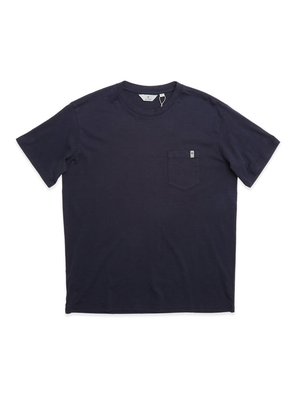 The BGoscar T-Shirt - Dark Navy by Blue de Gênes is a soft slub cotton crewneck with short sleeves and a small left chest pocket.
