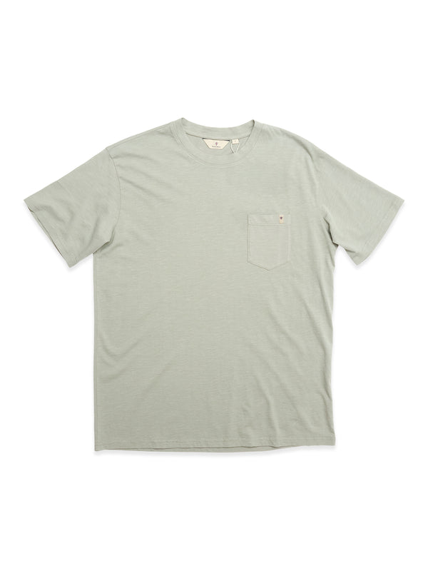 The Blue de Gênes BGoscar T-Shirt in Shadow Green, made from 100% cotton with a crewneck and small left chest pocket, is shown laid flat on a white background.