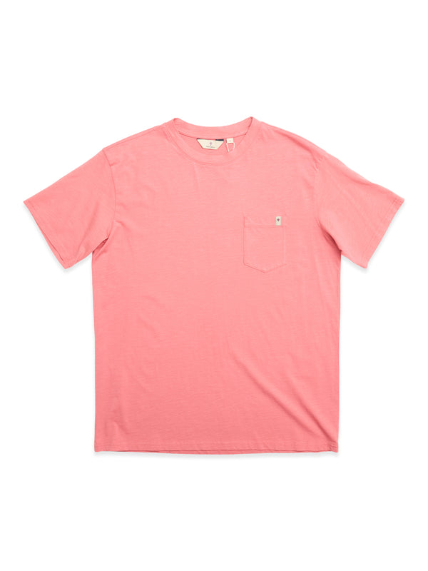 The BGoscar T-Shirt - Coral by Blue de Gênes is crafted from soft slub cotton with short sleeves, a classic crewneck, and a small left chest pocket, shown laid flat on a white background.