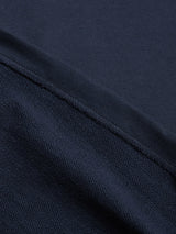 Close-up of the BGclubhouse Rugby Sweatshirt – Navy by Blue de Gênes, highlighting its dark blue cotton jersey with a visible seam and the Clubhouse Champs Collection's signature smooth and textured surfaces.