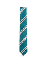 The BGponsy Tie - Green by Blue de Gênes, featuring diagonal white and gold stripes in teal silk, is ideal for men’s fashion and displayed flat on a white background.