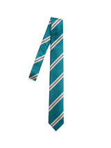 The BGponsy Tie - Green by Blue de Gênes features stylish diagonal stripes in white, gray, and gold on teal silk—perfect for elevating men's fashion. Displayed on a plain white background.