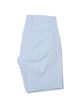 BGmenzino Vecchio Shorts - Blue Fog by Blue de Gênes, shown from the back with a single back pocket, subtle stitched logo, and belt loops. Lightweight cotton chino shorts in a casual fit, laid flat on a white surface.