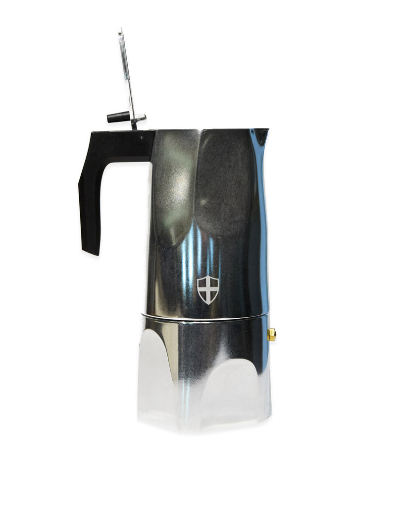 The BDG Coffee Maker - Grey by Blue de Gênes features a stainless steel body, black handle, and a small metal emblem on the front. It is pictured against a white background with the lid open, displaying the spout.