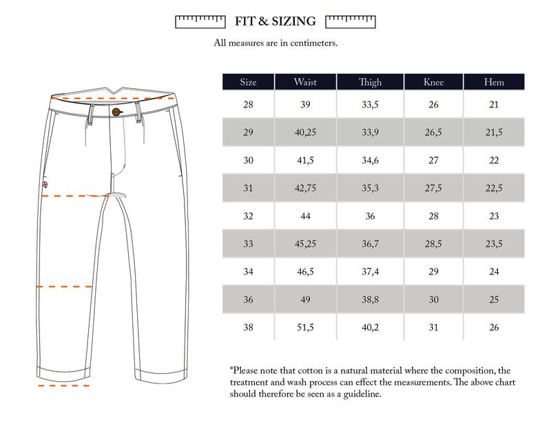 Diagram of Blue de Gênes Kibishi Solid Pant - Dark Navy shows measurement lines at the waistband, thigh, knee, and hem. Beside it, a size chart lists waist, thigh, knee, and hem in centimeters for sizes 28 to 38.