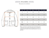 The Blue de Gênes Kojima Wool Jacket - Navy size chart displays chest, sleeve, back, and shoulder (cm) for sizes S-XXXL. An illustrated jacket marks measurement points. Slight variations may occur due to boiled wool fabric.