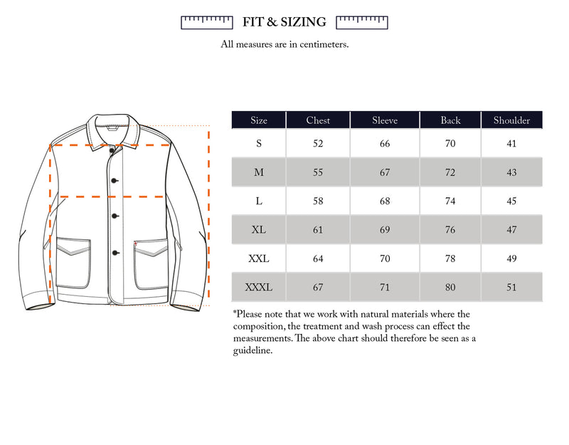 The Blue de Gênes Kojima Wool Jacket - Navy size chart displays chest, sleeve, back, and shoulder (cm) for sizes S-XXXL. An illustrated jacket marks measurement points. Slight variations may occur due to boiled wool fabric.