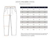 Line drawing of the Blue de Gênes Kyoto Pant - Black Pattern with measurement lines at waist, thigh, knee, and hem. Beside it, a size chart shows dimensions in cm for these relaxed straight-leg pants in sizes 28–38.