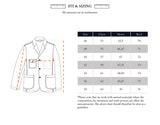 Diagram showing how to measure the Blue de Gênes Masami Cord Blazer - Navy (chest, sleeve, back), plus a size chart with measurements in cm for sizes 46-56. Note: actual size may vary due to its garment-dyed corduroy fabric.