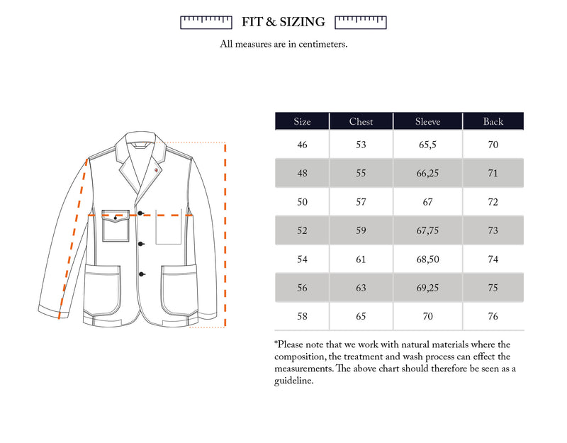 Diagram showing how to measure the Blue de Gênes Masami Cord Blazer - Navy (chest, sleeve, back), plus a size chart with measurements in cm for sizes 46-56. Note: actual size may vary due to its garment-dyed corduroy fabric.