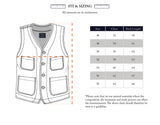 Line drawing of the Maurice Solid Gilet - Dark Navy by Blue de Gênes with pockets and buttons, next to a size chart (chest and back length in cm, sizes 48–58); note: slight variations may occur due to natural materials.