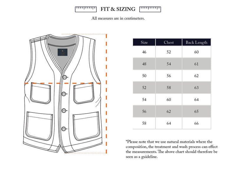 Line drawing of the Maurice Solid Gilet - Dark Navy by Blue de Gênes with pockets and buttons, next to a size chart (chest and back length in cm, sizes 48–58); note: slight variations may occur due to natural materials.