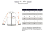 The Blue de Gênes Nuvali Polo Cardigan - Navy size chart displays men's sizes S–XXXL with chest, sleeve, and back measurements in cm, plus a shirt illustration highlighting each measurement area.