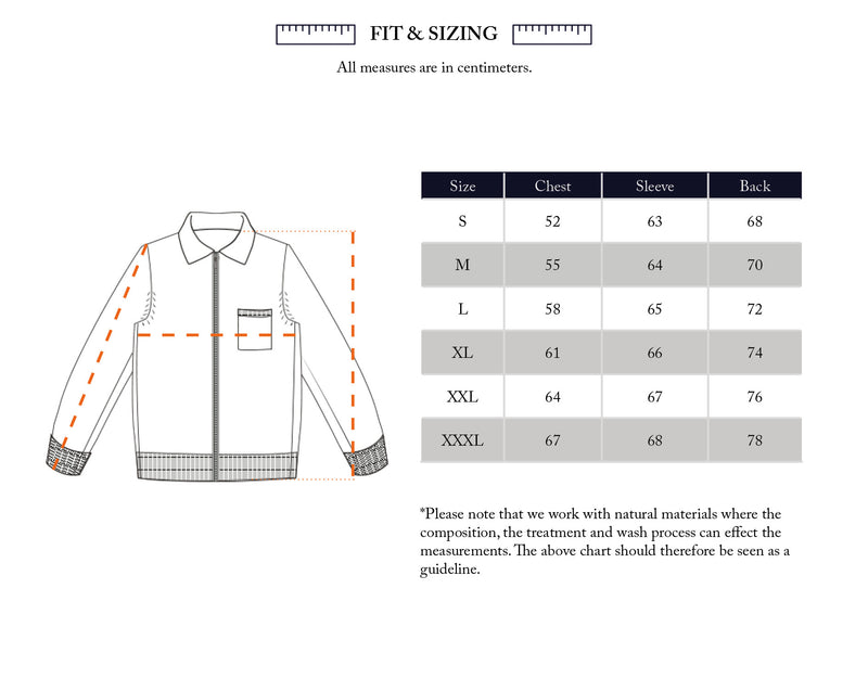 Illustration of a Blue de Gênes Nuvali Polo Cardigan - Dark Slate with chest, sleeve, and back measurement guides, plus a sizing chart (cm) for S–XXXL. Note: Measurements may vary due to material and processing.