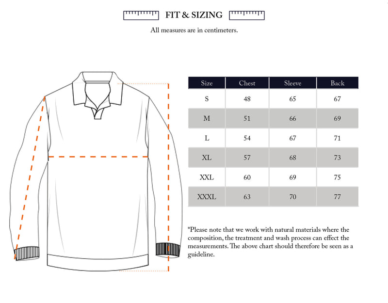 A size chart for the Blue de Gênes Otia L/S Polo Knit - Navy shows a line drawing with chest, sleeve, and back measurements, plus a size table (S–XXXL in cm)—making it easy to find your perfect fit.