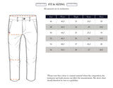 Size chart for BGpalco Twill Pants - Chalk by Blue de Gênes showing waist, thigh, knee, and hem points on a drawing. The table lists sizes 46–56 with corresponding centimeter measurements for each area.