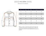 Size chart for the Blue de Gênes BGpontus Teo Overshirt in Shadow Green displays chest, sleeve, length, and shoulder measurements (cm) for sizes S–XXXL with an illustrated shirt diagram showing measurement lines.