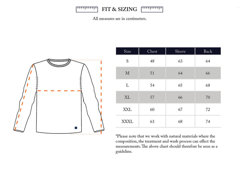 A fit and sizing chart for the Porto Knit - Dark Slate by Blue de Gênes shows chest, sleeve, and back measurement points. The table lists approximate shirt sizes S to XXXL in centimeters. Includes crewneck sweaters diagram.