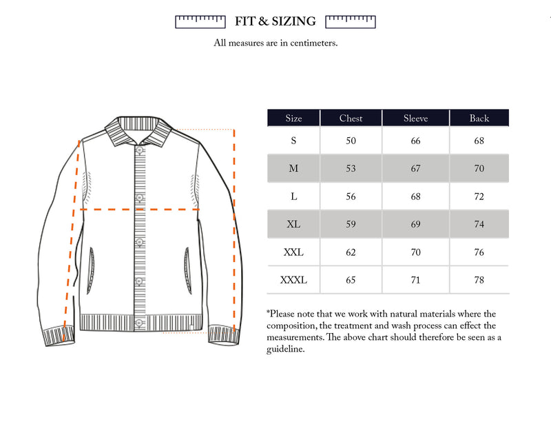 A size chart for the Sakura Knit Cardigan - Stone by Blue de Gênes features an illustrated guide to measuring chest, sleeve, and back in centimeters—ideal for finding your perfect fit from sizes S to XXXL.