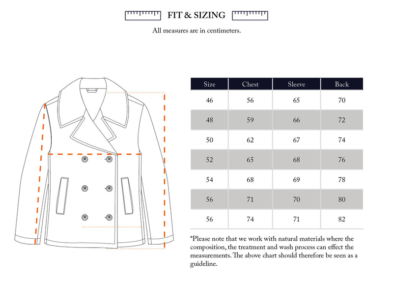 Line drawing of the Blue de Gênes Shiba Melton Coat - Dark Navy, a double-breasted Italian Melton wool peacoat, shown with measuring lines and a size chart (46–56) for chest, sleeve, and back; note: natural material variations may occur.