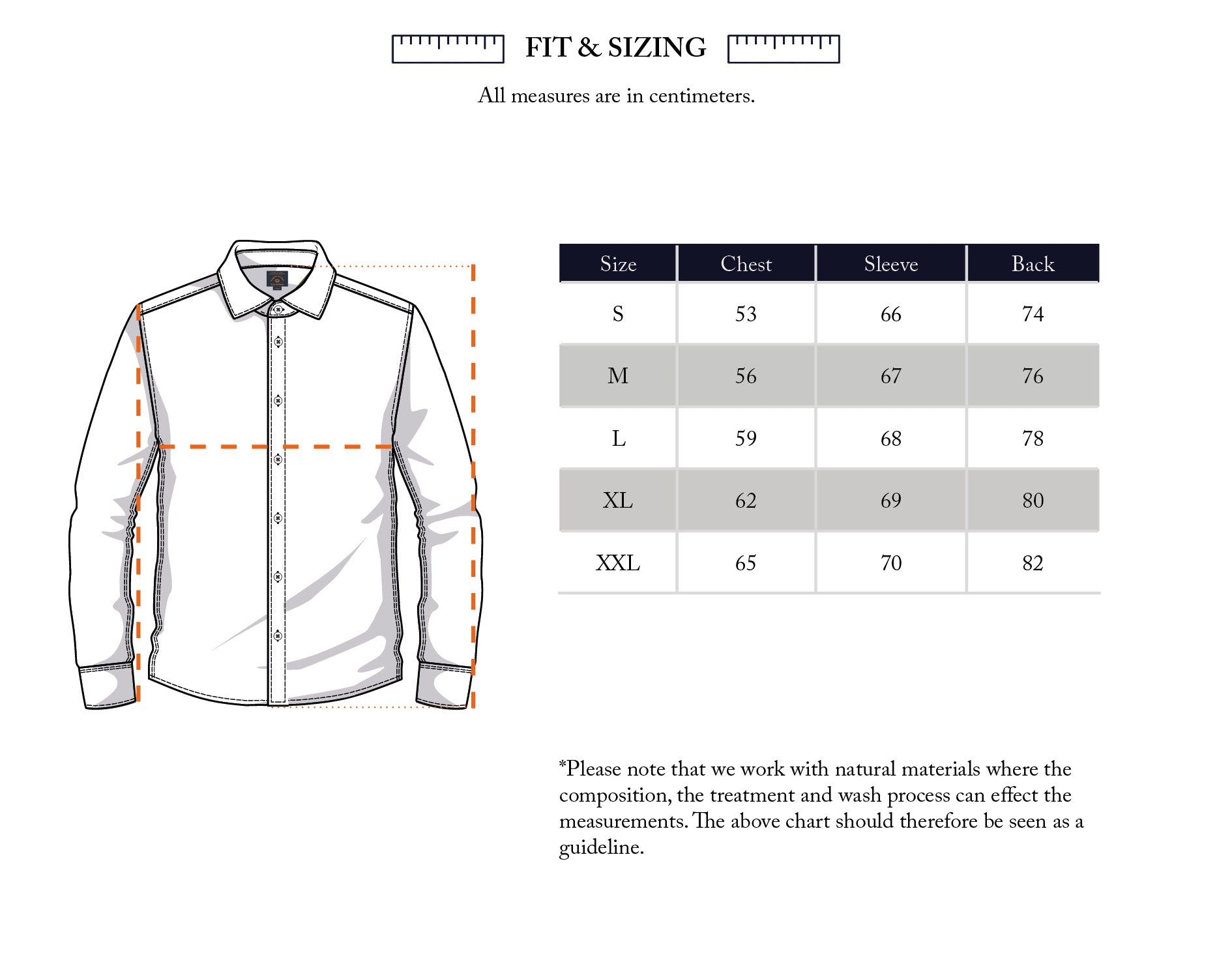 Diagram showing the Blue de Gênes BGenric Hope L/S Shirt - Chalk with measurement guides for chest, sleeve, and back lengths, plus a size chart (S–XXL, cm)—ideal as a breezy summer shirt with all key sizing details.