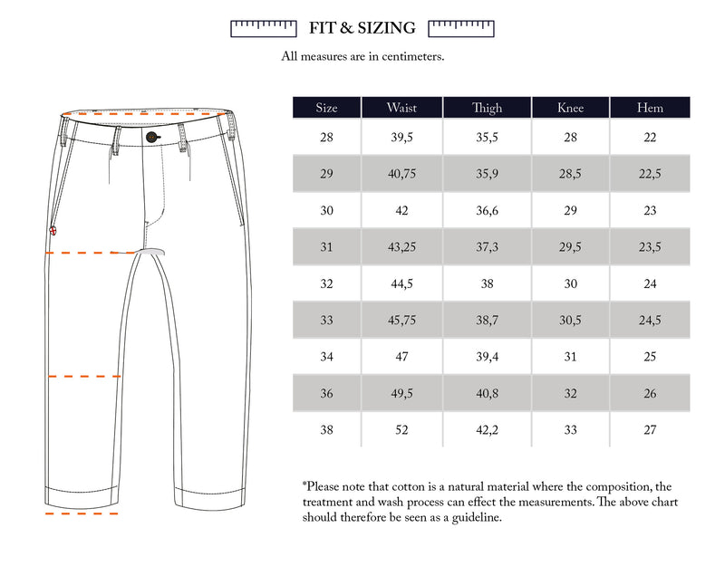 Size chart for Shogun Fano Pant - Denim Blue by Blue de Gênes. Includes illustration of waist, thigh, knee, and hem measurement points (sizes 28–36 cm). Perfect reference for choosing your ideal relaxed fit chino.