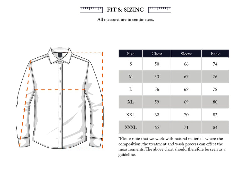 Illustration of the Robertino Brush Shirt - Stone by Blue de Gênes with chest, sleeve, and back measurements. Sizing chart (S–XXXL) in cm shown; note possible variations. Made from Sidogras cotton in Portugal.