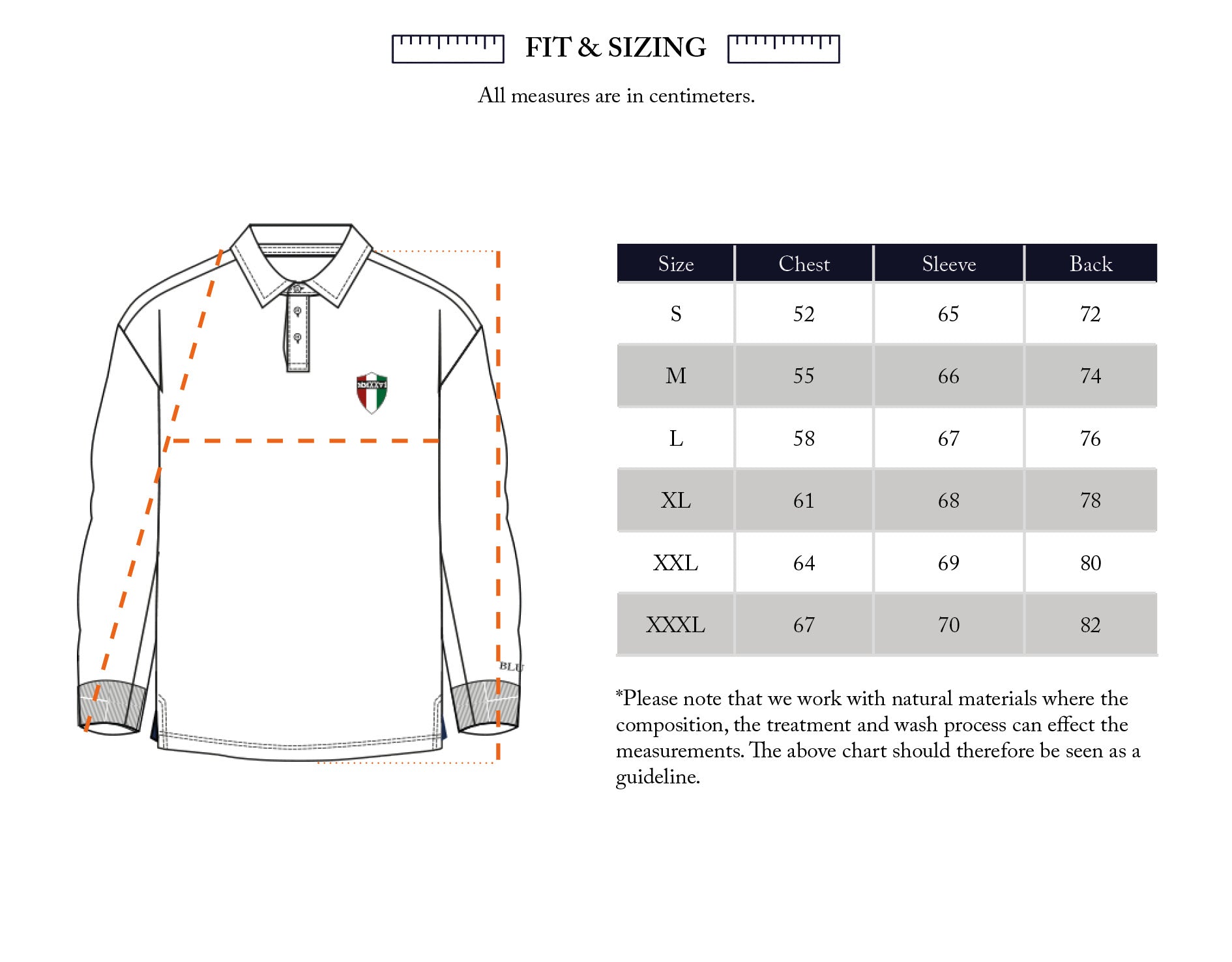 Size chart for the Blue de Gênes BGclubhouse Rugby Sweatshirt - Navy, showing chest, sleeve, and back measurements (cm) for sizes S-XXXL. Includes a measurement diagram and note on natural cotton jersey variation.
