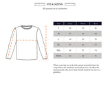 Sizing chart for the Blue de Gênes Toyama Knit L/S - Brown shows chest, sleeve, and back measurements (cm) for sizes S-XXXL. Includes a shirt diagram with dotted lines for measurement points. Note: slight variations may occur.