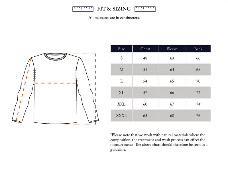 Sizing chart for Blue de Gênes Toyama Stripe Knit L/S - Oat in centimeters. Illustration marks chest (across), sleeve (shoulder to cuff), and back (shoulder to hem). Table shows sizes S–XXXL with measurement details.