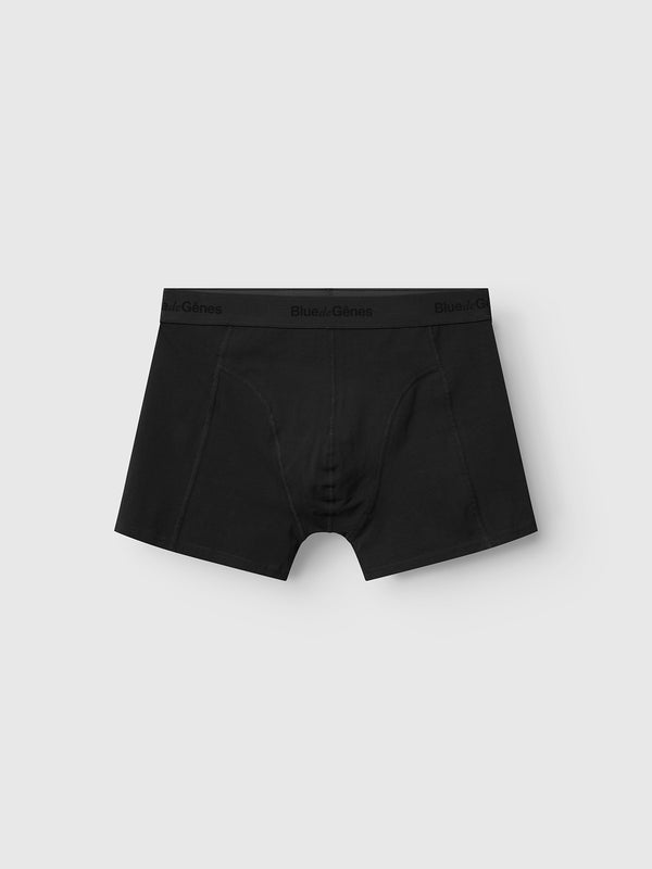 A 3-pack of black fitted men's boxer briefs by Blue de Gênes, crafted from breathable bamboo fabric with a subtle logo waistband, shown on a light gray background. Product name: BdG Boxershorts - 3 Pack - Black.